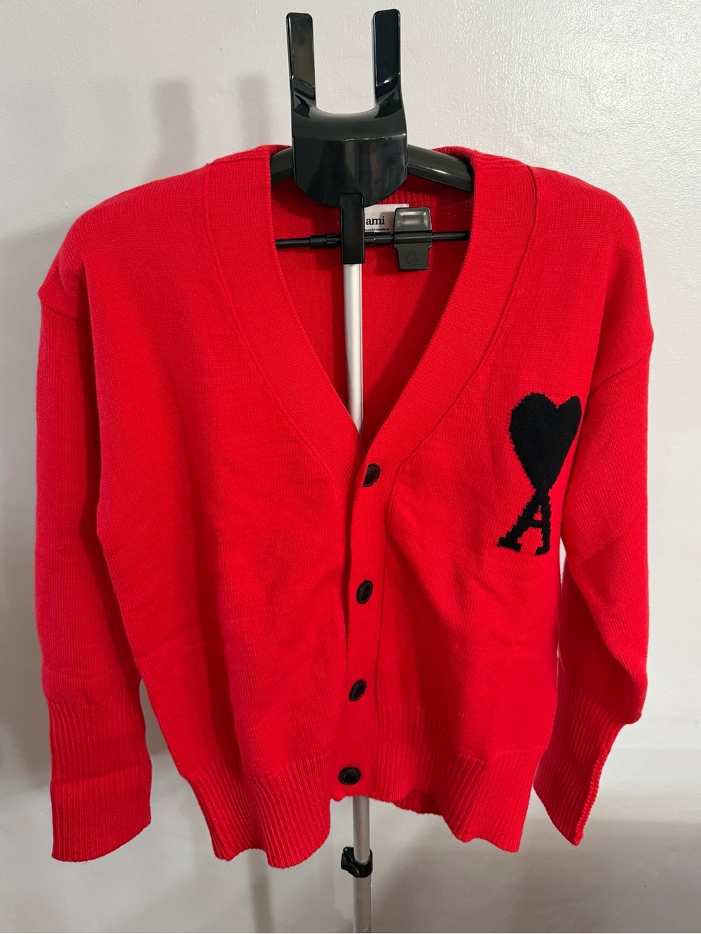 Ami Alexandre Mattiussi Red Cardigan with Black Heart 'A'